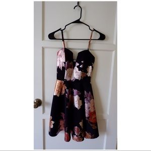 Floral silky black dress with touches of rose gold